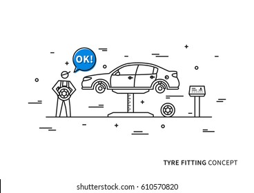 Tyre fitting vector illustration. Tire replacement service line art concept.

