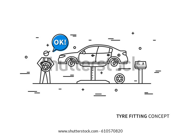 Tyre fitting vector illustration. Tire\
replacement service line art\
concept.\
