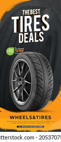 Tyre flyer. Discount promotion. Web design element. Promo banner. Tyre wheel car vector. Tyre car advertisement poster. Black rubber tyre. Sale. Eco drive program.