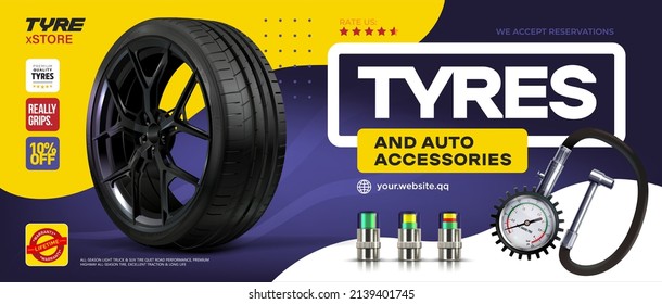 Tyre goods. Advertising banner. Sale of wheels, discs and car accessories. Tire pressure measurement. Pressure caps. Manometer. Tyre shop, spare parts and auto service discount promotion design.