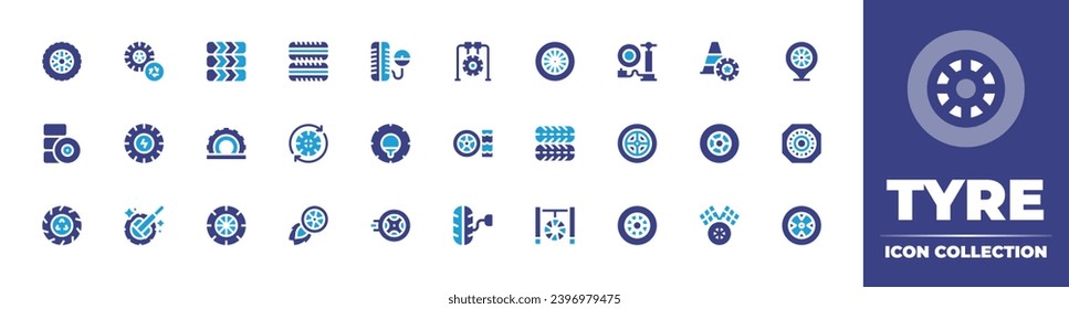 Tyre icon collection. Duotone color. Vector and transparent illustration. Containing wheel, tires, tyre, tire, recycling, recycle, polish, air pump, cone, placeholder, rim, racing.