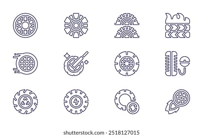 Reifensymbolsatz. Linienstil. Bearbeitbarer Strich. Reifen, Reifen, Reifen, Politur, Rad.