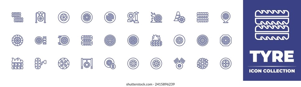 Tyre line icon collection. Editable stroke. Vector illustration. Containing wheel, speed, tyre, tire, rim, air pump, cone, placeholder, racing.