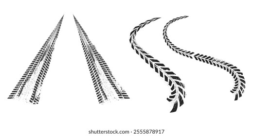 Tyre mark car or bike wheel trace, grunge textured trail silhouette. Top view, print brush stroke dirt. Speed rally dirty rubber path.
