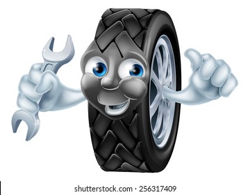 Tyre mascot mechanic cartoon character with spanner or wrench giving a thumbs up 