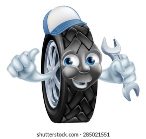 Tyre mechanic cartoon mascot wearing a cap and holding a spanner