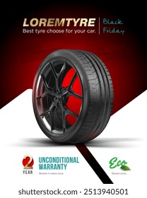 Tyre poster. Car black rubbe wheel with rim.