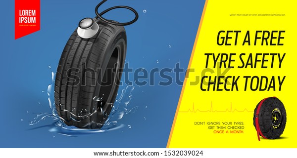 Tyre poster GET A FREE TYRE SAFETY CHECK\
TODAY.Discount. Black rubber tire. Realistic vector tyre car.\
Information. Store. Action. Landscape poster, digital banner,\
flyer, booklet, brochure and\
web.
