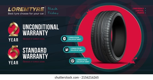 Tyre poster. UNCONDITIONAL, STANDARD WARRANTY. Slogan - CONFIDENCE, CONTROL, POWER. Advertisement car wheel poster. Promo action. Black friday. Discount program. Grunge tire tracks backgrounds.