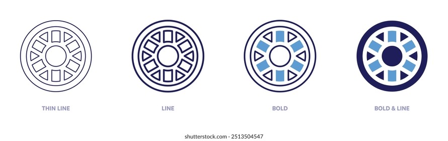 Icono de presión de neumáticos en 4 estilos diferentes. Línea delgada, línea, negrita y línea negrita. Estilo duotono. Trazo editable.