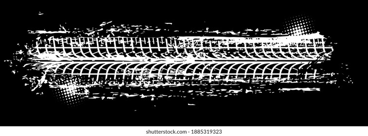 Tyre print offroad grunge spot, vector white trace on black background. Dirty tire automobile trail, off road race competition, rally, motocross dirty pattern, grungy vehicle trail abstract texture