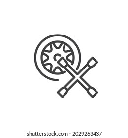 Tyre repair service line icon. linear style sign for mobile concept and web design. Car wheel and lug wrench outline vector icon. Symbol, logo illustration. Vector graphics