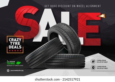 Tyre sale vector store promo poster with  tires and grunge black track tread marks. Rubber protectors shop discount promotion with realistic tyres. Car wheels for sport, vehicle, transportation.