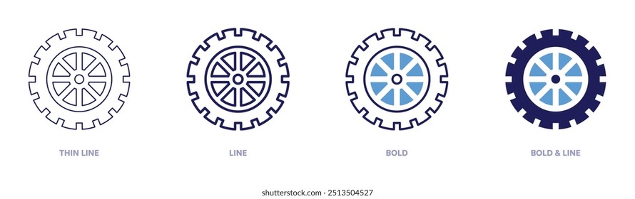 Tyre size icon in 4 different styles. Thin Line, Line, Bold, and Bold Line. Duotone style. Editable stroke.