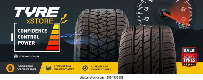 Tyre Store Banner Design. Confidence, Control, Power.  Tires Car Black Rubber Tyre. Realistic Vector Shining Disk Car Wheel Tyre. Information. Landscape Poster, Flyer, Booklet, Brochure, Web Design.