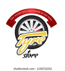 Tyre store or repair logo with red ribbon. Modern, solid and flat color style design vector.