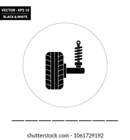 Tyre and suspension black and white flat icon. Vector Illustration.