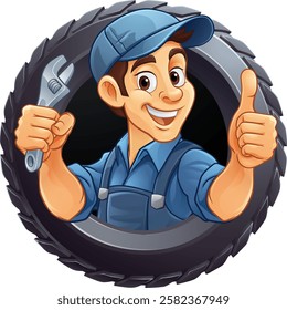 A tyre or tire cartoon car maintenance service mechanic mascot cartoon character man