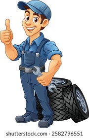 A tyre or tire cartoon car maintenance service mechanic mascot cartoon character man