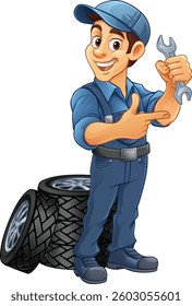 A tyre or tire cartoon car maintenance service mechanic mascot cartoon character man