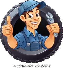 A tyre or tire cartoon car maintenance service mechanic mascot cartoon character man