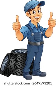 Um pneu ou pneu cartoon carro manutenção serviço mecânico mascote personagem homem