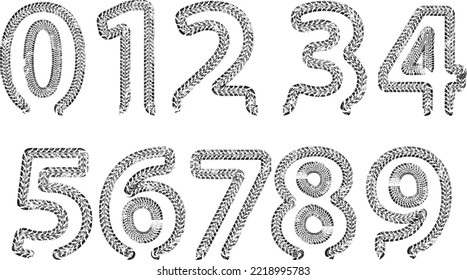 Tyre Track Numbers . Grunge Texture . Screen Print . Vector Tire Track Alphabet Numbers. Car Tread Silhouette . Tyre Print .Wheel Tire Track. Traces Of Tires.