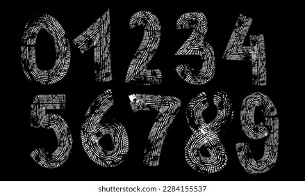 Tyre track numbers . Grunge texture . Screen print . Vector tire track alphabet numbers. Car tread silhouette . Tyre print .Wheel tire track. Traces of tires