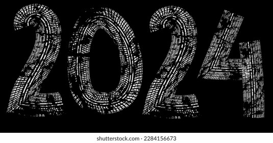 Tyre track numbers . Grunge texture . Screen print . Vector tire track alphabet numbers. Car tread silhouette . Tyre print .Wheel tire track. Traces of tires.Happy new year