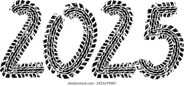  Tyre track numbers . Grunge texture . Screen print . Vector tire track alphabet numbers. Car tread silhouette . Tyre print .Wheel tire track. Traces of tires.Happy new year