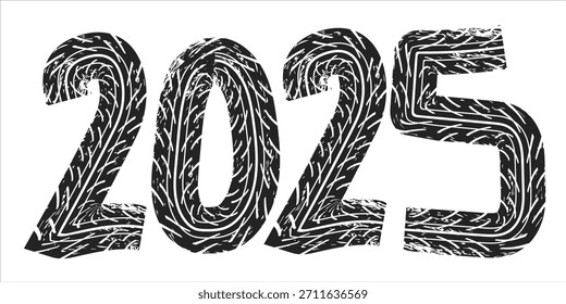 Tyre track numbers . Grunge texture . Screen print . Vector tire track alphabet numbers. Car tread silhouette . Tyre print .Wheel tire track. Traces of tires.Happy new year.art grunge
