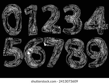 Tyre track white numerals. Creative numeral. Geometric design.Line art optical art. Psychedelic background. Monochrome background. Optical illusion style. Black dark background