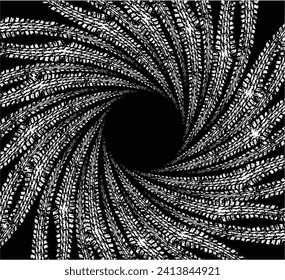 Tyre track white rotated lines.vortex form. Geometric art. Design element. Digital image with a psychedelic stripes.Design element for prints, web, template