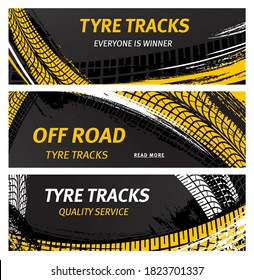 Tyre tracks, off road tire prints vector car grunge tread abstract marks. Rally, motocross bike protectors, vehicle, transportation dirty wheels trace, protector skid. Quality auto service banners set