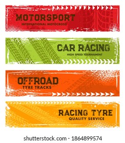 Tyre tracks, off road tire prints, grunge vector car racing treads with dotted spots or marks. Rally, motocross bike protectors, vehicle, transportation dirty wheels trace. Quality service banners set