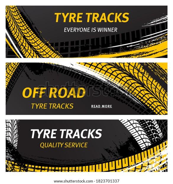 Tyre tracks, off road tire prints vector car grunge\
tread abstract marks. Rally, motocross bike protectors, vehicle,\
transportation dirty wheels trace, protector skid. Quality auto\
service banners set