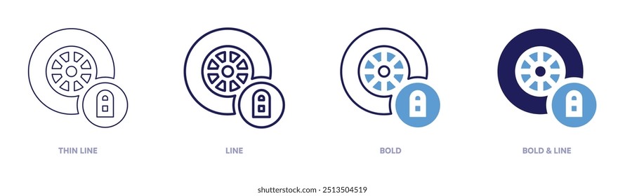 Reifengarantiesymbol in 4 verschiedenen Stilen. Dünne Linie, Linie, Fett und Fette Linie. Duotone-Stil. Bearbeitbarer Strich.