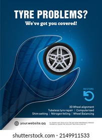 Tyre problems? We've got you covered. 3D Wheel alignment. Tubeless tyre repair. Computerised. Shim setting. Nitrogen felling. Wheel Balancing. Restore wheel car. Replacement programm. Sale. Wrench.