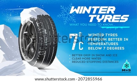 Tyre for winter. Seasonal wheel. Icon, Infographic. Season Check. Be prepared for winter and snow on street. The winter inflated tire on blue snowy background. Wheel in the snow. 