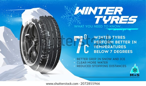 Tyre for\
winter. Seasonal wheel. Icon, Infographic. Season Check. Be\
prepared for winter and snow on street. The winter inflated tire on\
blue snowy background. Wheel in the snow.\
