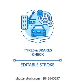 Tyres and brakes check concept icon. Screeching brakes, pulsating pedal, burn out brake light examination idea thin line illustration. Vector isolated outline RGB color drawing. Editable stroke