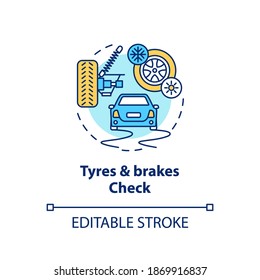 Tyres and brakes check concept icon. Squealing brakes, pulsating pedal, burn out brake light inspection idea thin line illustration. Vector isolated outline RGB color drawing. Editable stroke