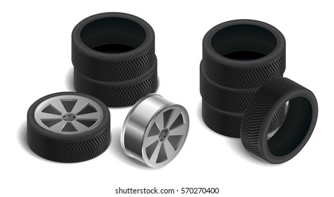 Tyres illustration. Isometric icon of wheels and discs.