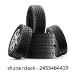 Tyres stack. Realistic tires pile for quality tyre shop storage garage, stacked car wheels isolated automobile new tire winter or summer road, auto 3d nowaday vector illustration of wheel tire