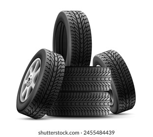 Tyres stack. Realistic tires pile for quality tyre shop storage garage, stacked car wheels isolated automobile new tire winter or summer road, auto 3d nowaday vector illustration of wheel tire