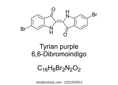 Púrpura tiria, 6,6-Dibromoíndigo, fórmula química y estructura. También rojo fenicio, morado real o tinte imperial. tinte natural de púrpura rojizo, y secreción de caracoles murex, usados en tiempos antiguos.