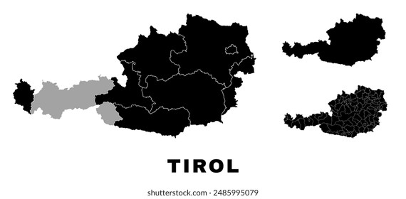 Tyrol map, Austrian state. Austria administrative division, provinces, boroughs, and municipalities.