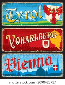 Tyrol, Vienna and Vorarlberg austrian regions plates, vector federal lands tin signs. Austrian provinces or districts metal plates with landmarks, region maps and crest emblems of castles, mountains