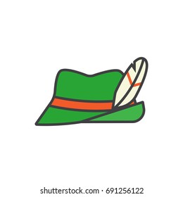 Tyrolean, Bavarian traditional green hat with feather colored line icon. Oktoberfest symbol.