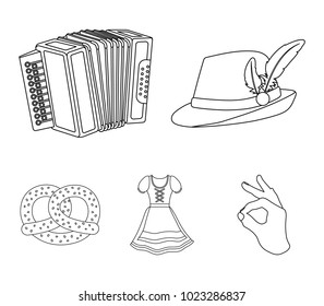 Tyrolean hat, accordion, dress, pretzel. Oktoberfestset collection icons in monochrome style vector symbol stock illustration web.
